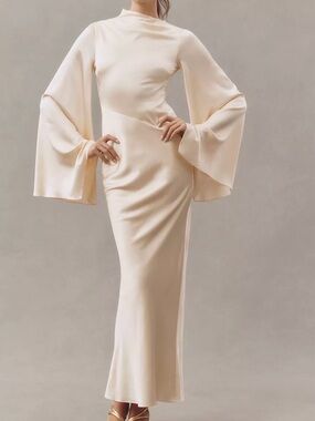 Anthropologie Cream Long-Sleeve Satin Maxi Dress